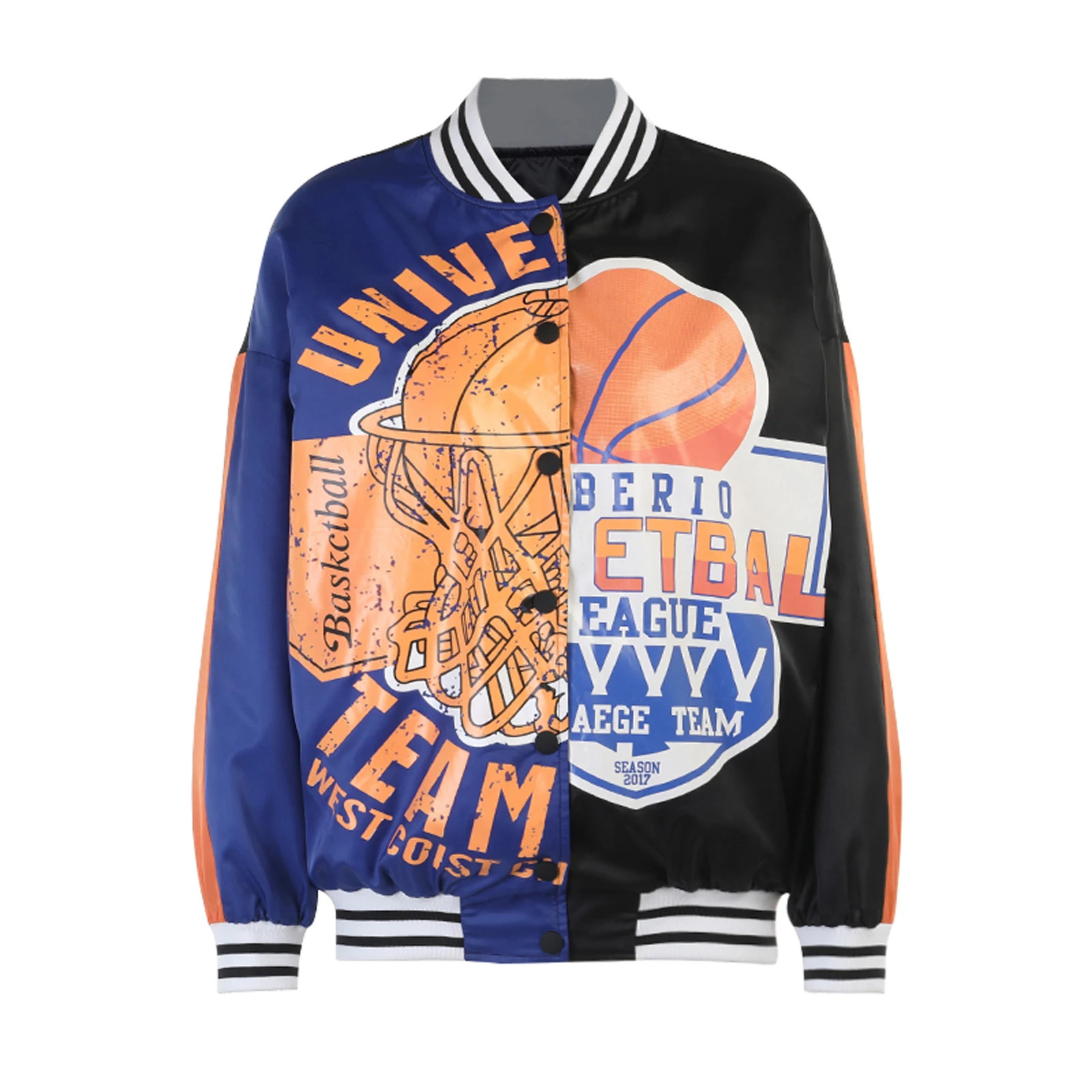 

Autumn Ladies Casual Y2K Long Sleeve Jackets Contrast Color Splicing Letter Print Stand Collar Baseball Top Single-breasted Coat