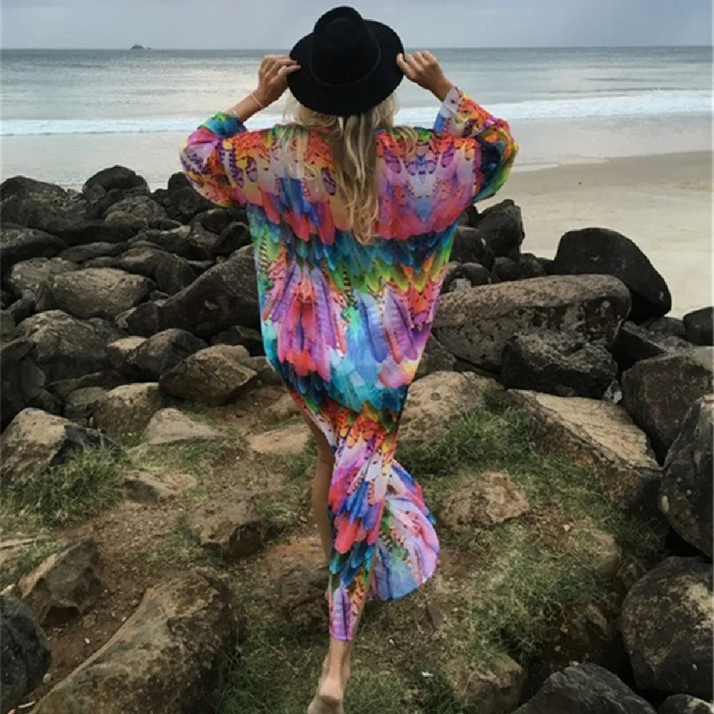 Пляжная накидка туники для пляжа шифоновый длинный кафтан с принтом на бикини