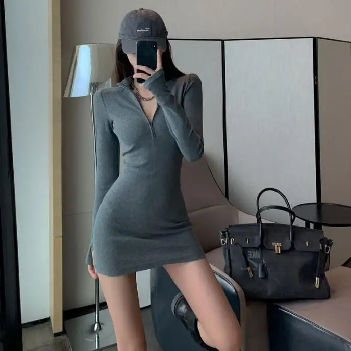 

Женское трикотажное платье-футляр, повседневное однотонное трикотажное платье-футляр с высоким воротником, в Корейском стиле, весна-осень ...