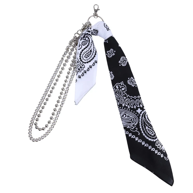 Hip Hop Paisley Biker Bandana with Double Layer Waist Metal Wallet Chain Contrast Color Headscarf Keychain Pants Belt