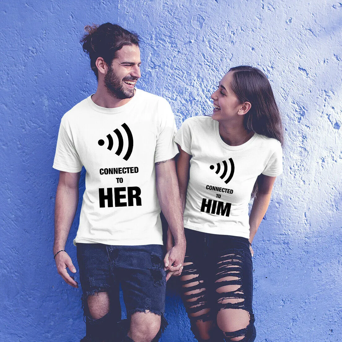 

Matching T shirt Wifi Sign Connected To Her Connected To Him Funny Slogan Couple