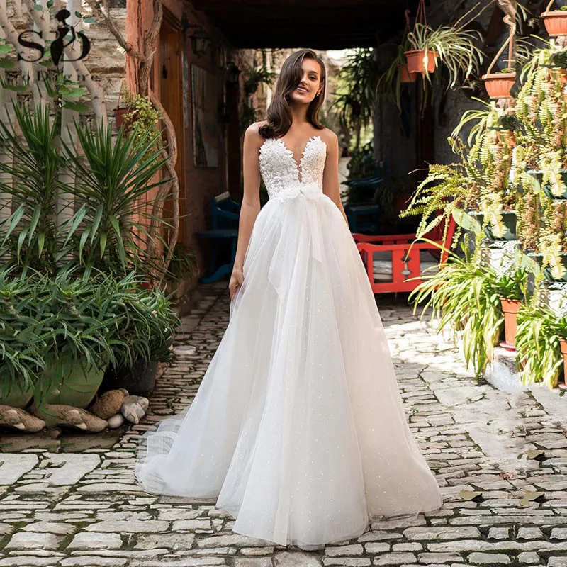 

SoDigne Lace Wedding Dress 2021 A Line Glitter Appliques Deep V Neck Beach Bride dresses bohemian dress wedding Custom Made