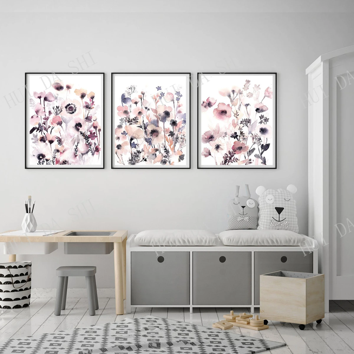 

Flowers Muted Pink Purple3 Prints Set, Gallery Wall Set of 3 Fine Art Prints, Whimsical Floral Watercolor Painting Art Prints