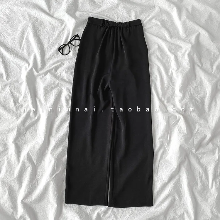 

ZHISILAO Solid Straight Pants Women Summer 2021 Vintage Office Elastic Waist Trousers Plus Size Loose Wide Leg Pants Black