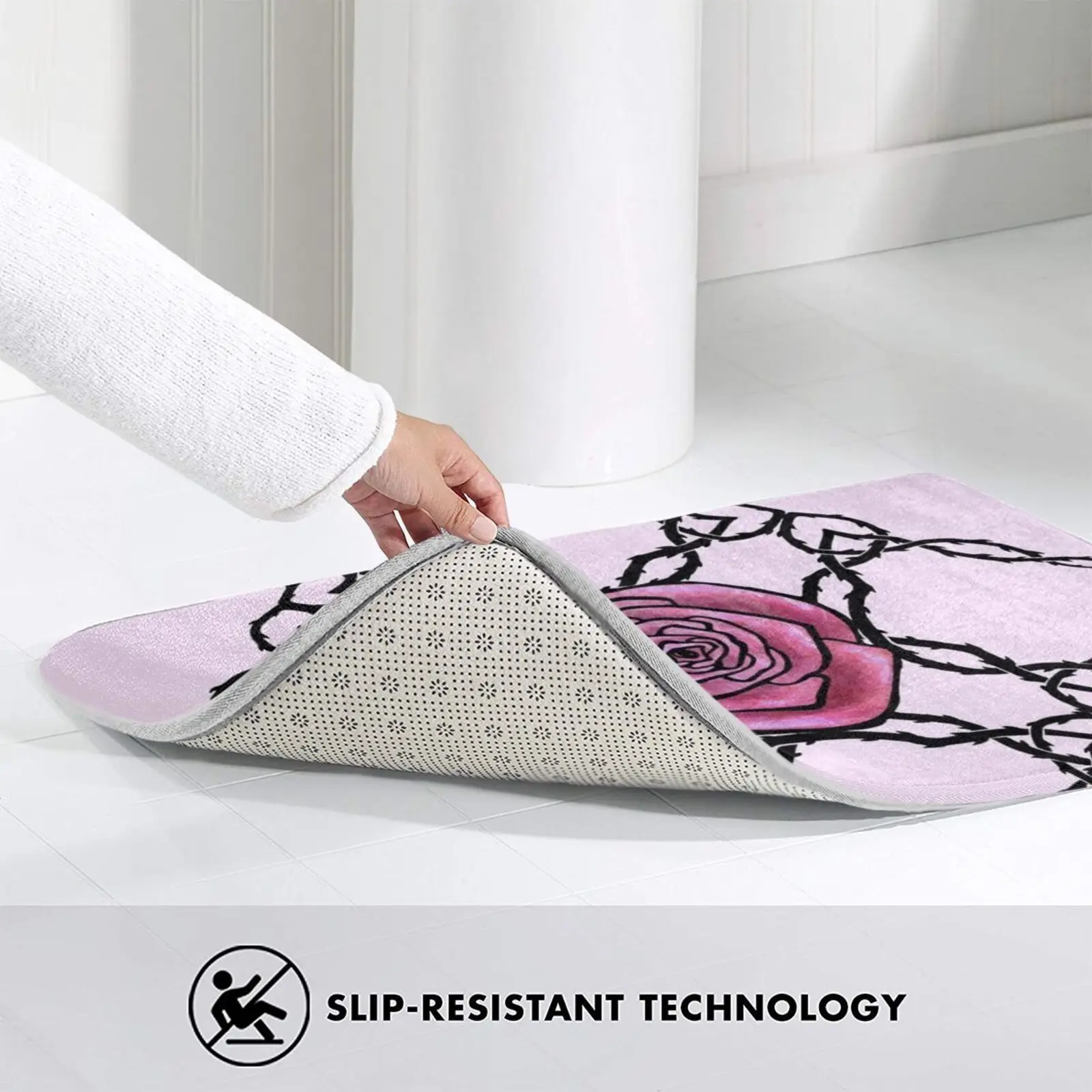 Матовый розовый коврик с орнаментом розы нескользящий для впитывания воды