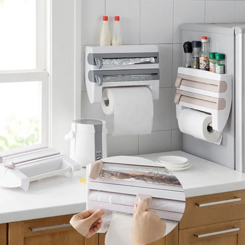 

Kitchen Plastic Wrap Paper Towel Rack Towel Storage Basket Rack With Cutter Aluminum Foil Barbecue Paper Storage Rack