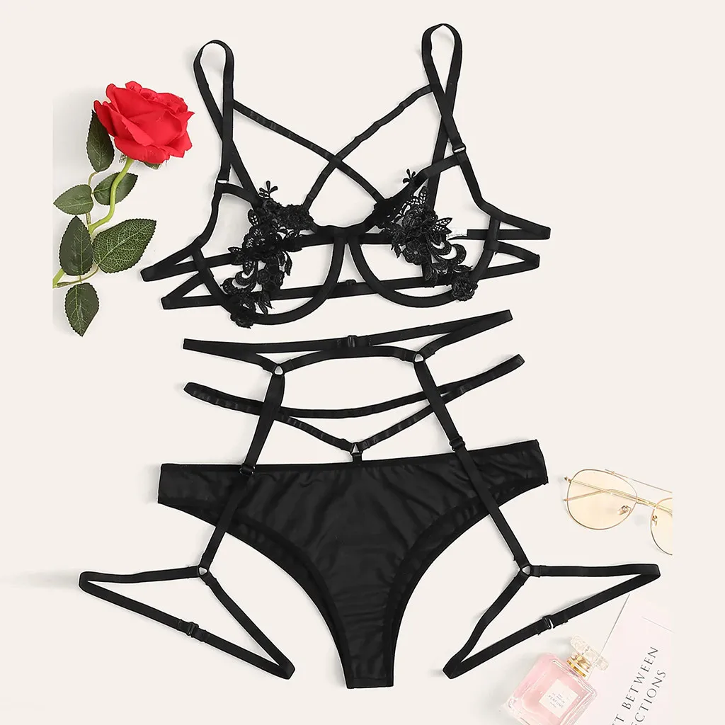 Сексуальное изысканное кружевное нижнее белье бюстгальтер + подвязка трусы