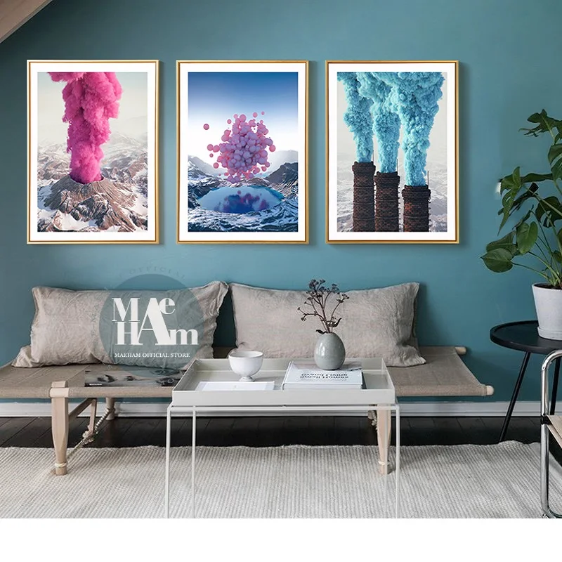 Скандинавская Картина на холсте розовый воздушный шар вулкан синий дым Печать