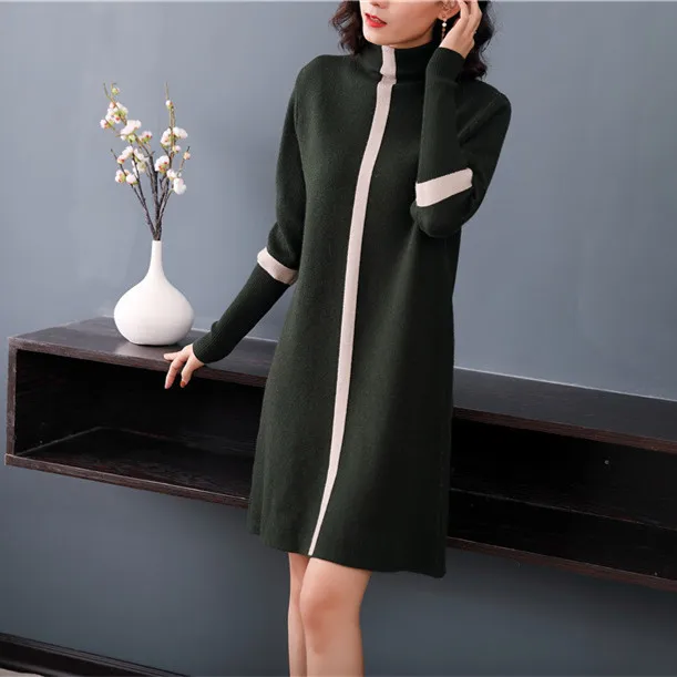 

Dropshipping Solid Women Long Sleeve Half Turtleneck Work Office Dress Loose Knitted Sweater Red Dress Women Print Striped Ropa