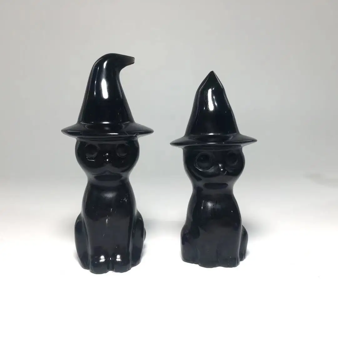 

Hot Sell High Quality Crystal Hand Carved Black Obsidian Witch Cat For Halloween Gift YHM