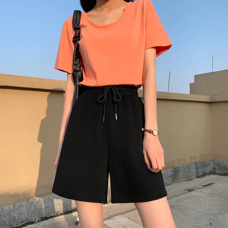 

Shorts woman high waist button shorts women pocket solid color female short pants retro White