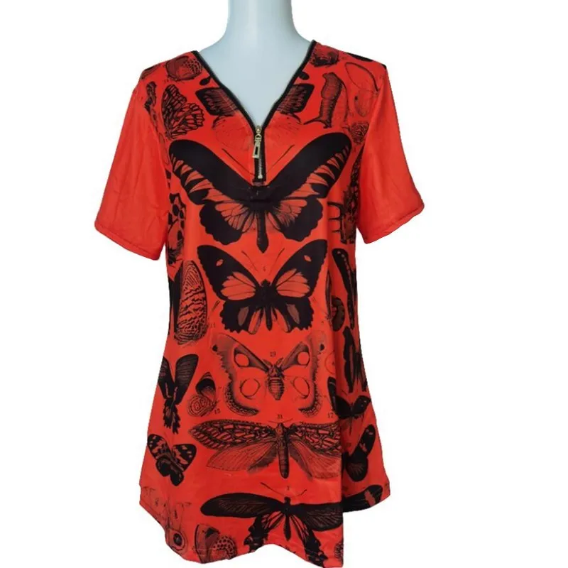 

Summer t Shirt Butterfly Print Zipper V Neck Women's t Shirt Short Sleeve Top Tees Loose Shirts Women Clothing Casual t Shirt