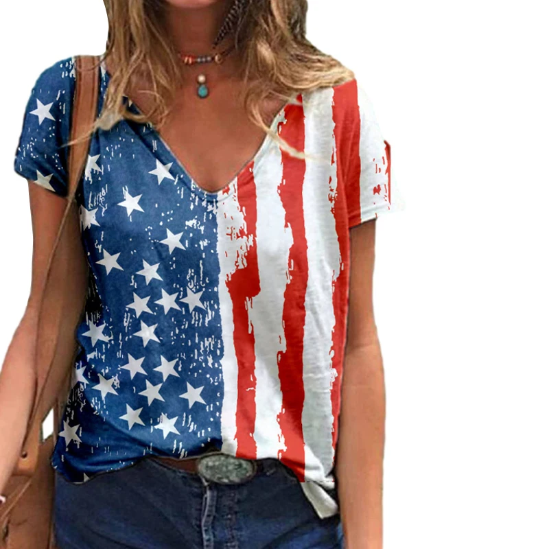 Summer Casual Loose T-Shirt Women Short Sleeve V Neck Striped Star Printing Female Ladies Pullover Tops Plus Size 2021 New