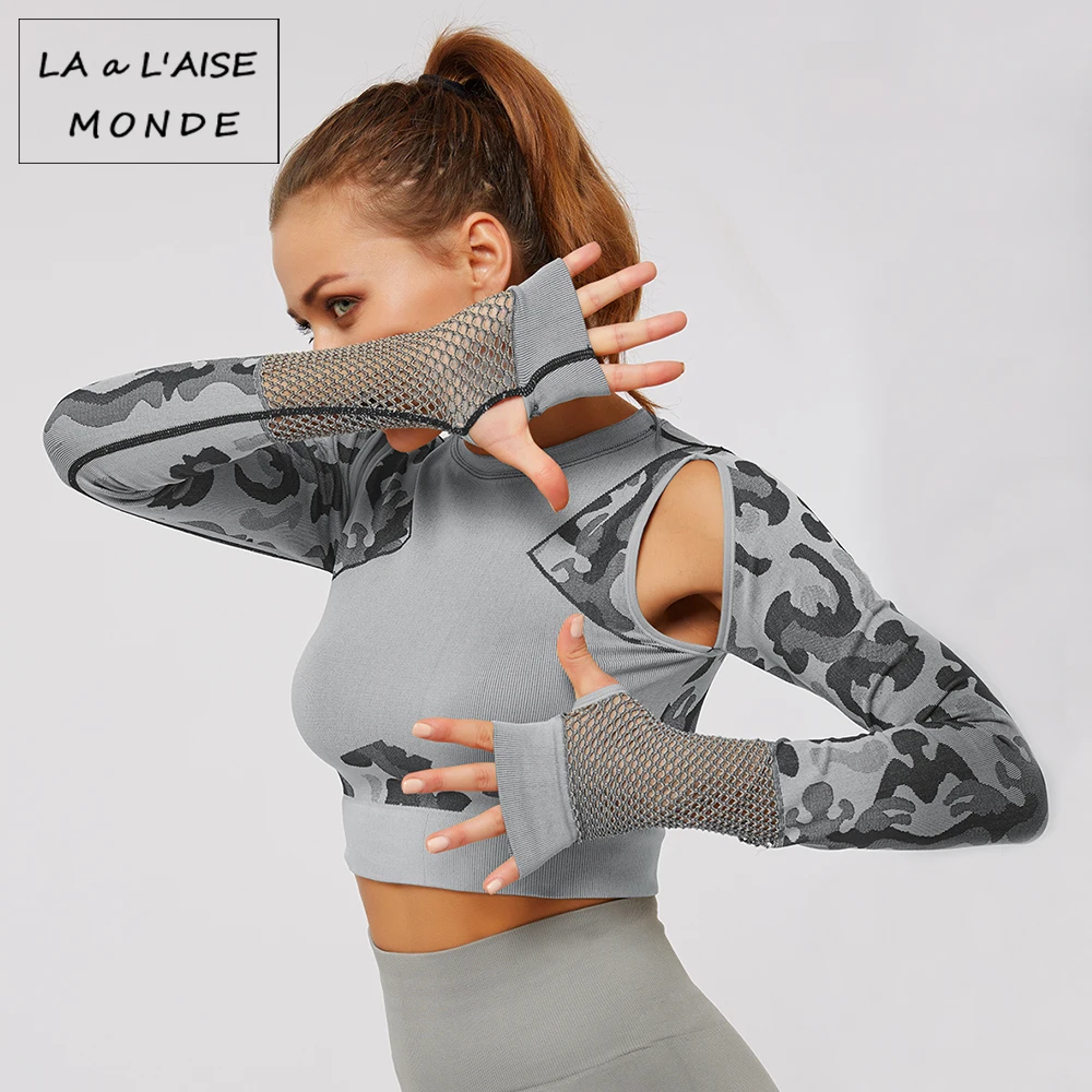 Комплект для йоги нейлоновые женские бесшовные камуфляжные топы облегающая