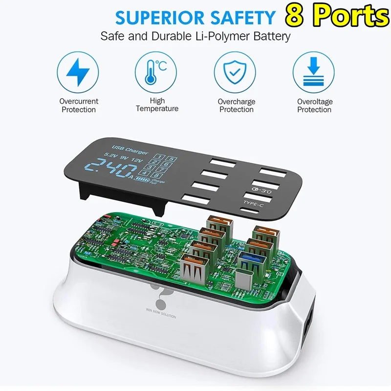 

8 Ports Super Fast Charge 3.0 USB Charger for Android IPhone Adapter 40W PD 3.0 Phone Tablet Fast Charger for Xiaomi Huawei Etc