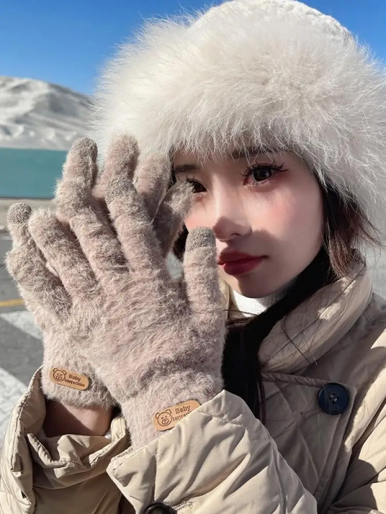 

Ladies Outdoor Cycling Mountaineering Cute Plush Windproof Thick Warm Touch Screen Gloves Winter New Style