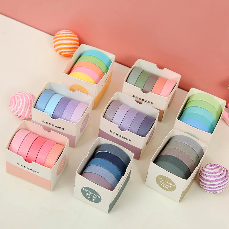 5 Pcs/Set Cute Grid Stripe Washi Tape Solid Color Masking Tape Decorative Adhesive Tape Sticker Scrapbooking Planner Stationery