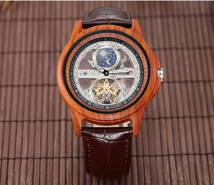 Wood Case Red Креативные прозрачные мужские механические часы с автоматическим заводом, часы с турбийоном из натуральной кожи, водонепроницаемые часы Montre Moon Phase - Цвет: Wood Case Red