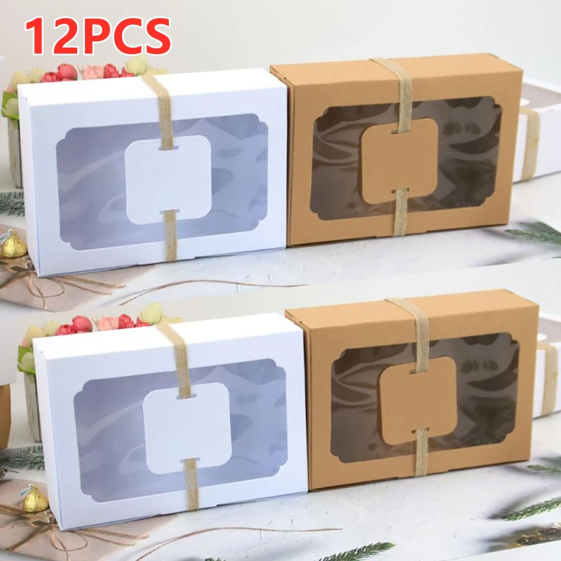 

12Pcs Kraft Paper Candy Box Favor Gift Box PVC Clear Window Cookies Treats Boxes Wedding Party Christmas New Year Decoration