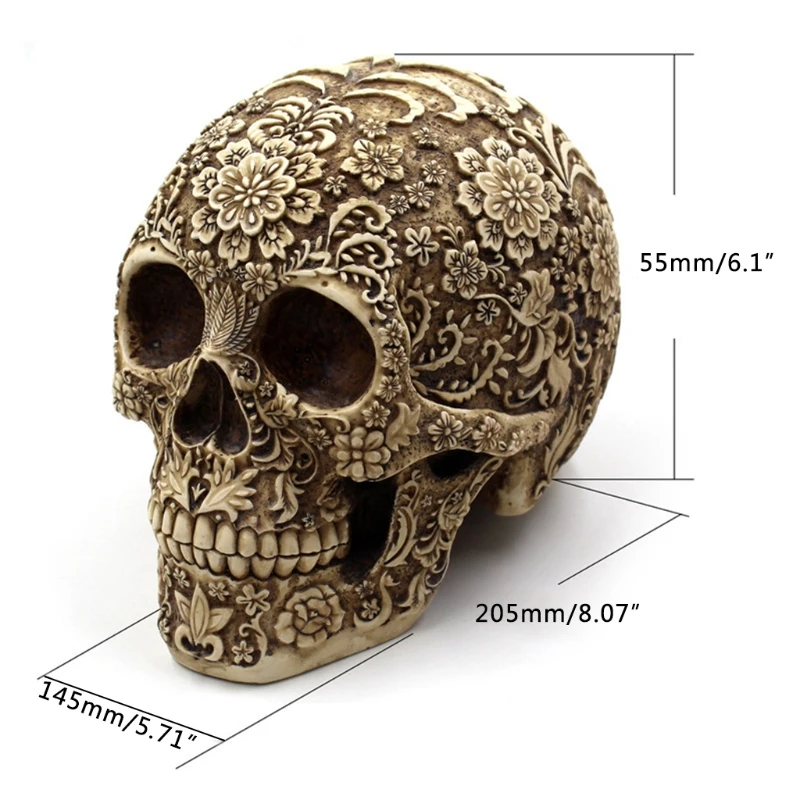

Vintage Resin Carved Flower Skull Sculpture Head Halloween Party Decoration Statue Figurine Prank Props Ornaments