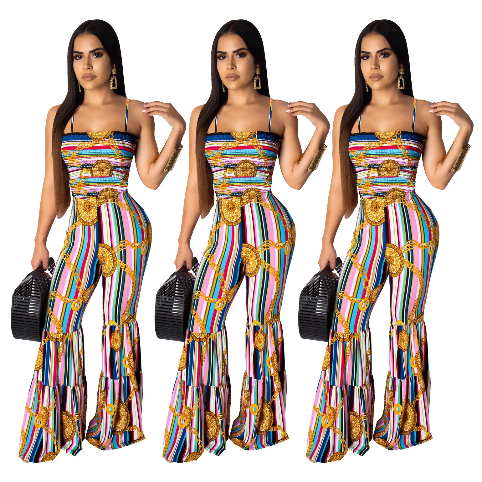 

2021Summer Women's Sexy Wrapped Chest Sling Rainbow Striped Jumpsuit Wide Leg Big Flame Pants