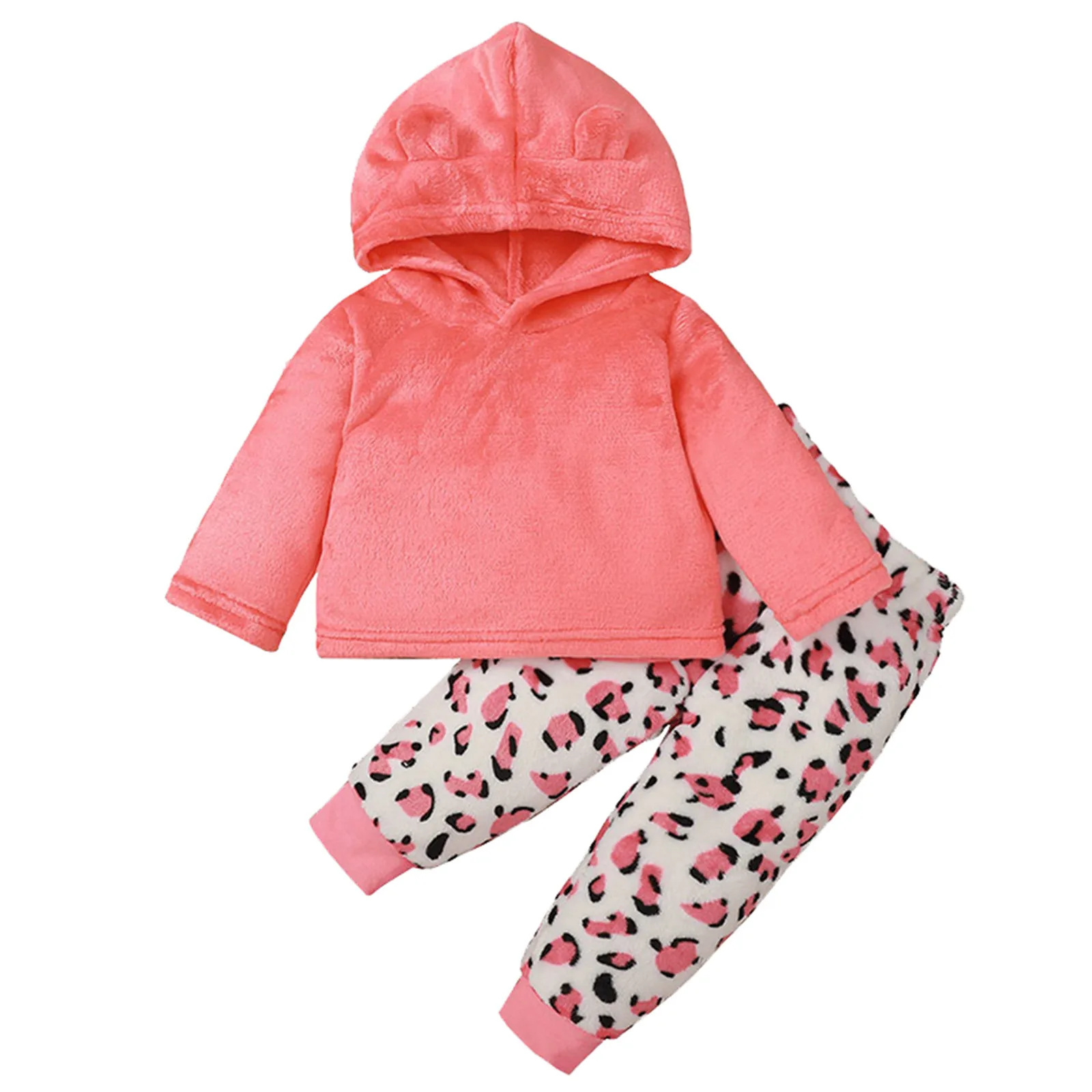 

SZYADEOU Toddler Baby Girls Set Flannel Warm Leopard Print Hooded Coat Pants Suit Outfits For 3 Months-24 Months