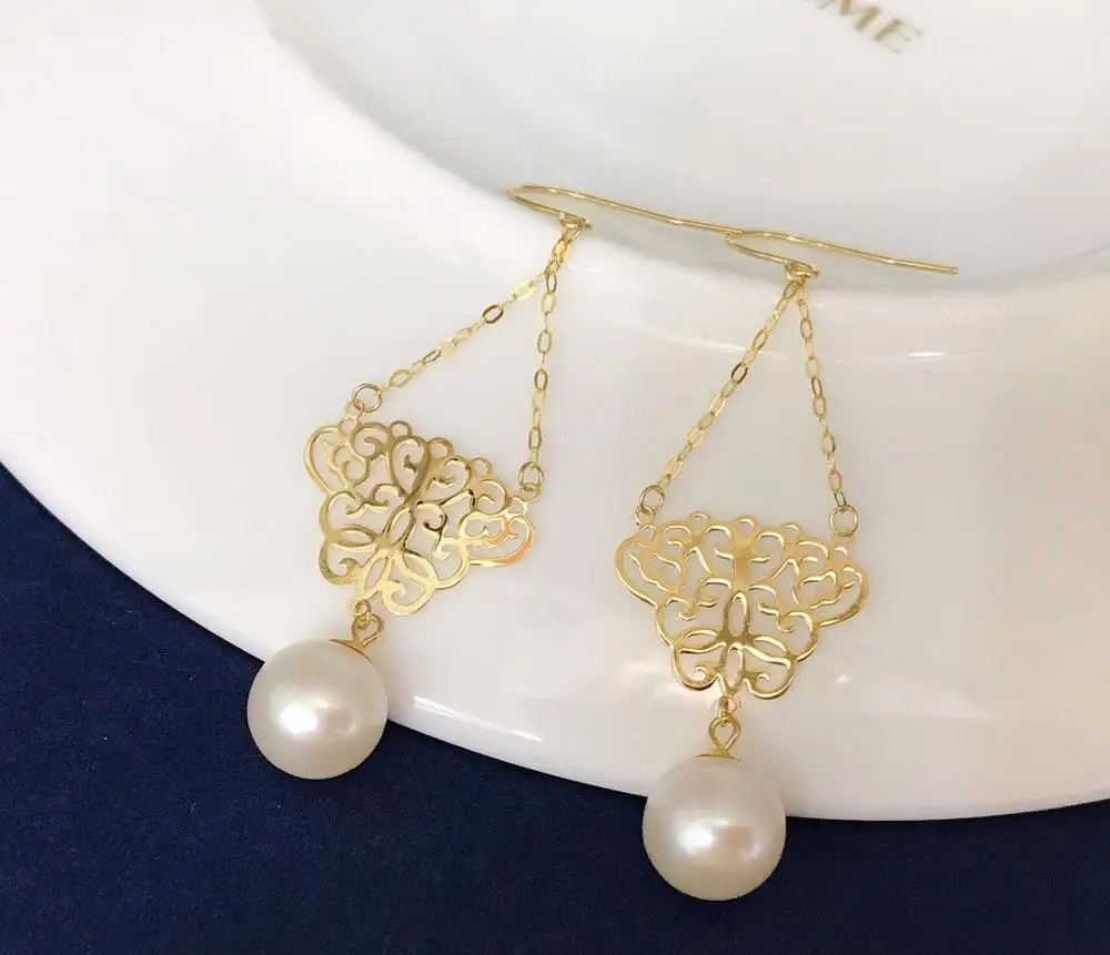 

MADALENA SARARA 7-8mm Freshwater Pearl Women Earrings 18K Gold Vintage Dangle Style Natural White Pearl Earrings