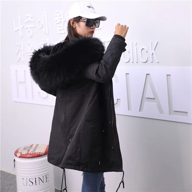 black with balck fur Oversive thikcer на натуральном меху куртки женская зимняя обувь длинноворсовый мех кролика съемная подкладка пальто из настоящего меха лисы с капюшоном с меховой опушкой, F10 - Цвет: black with balck fur