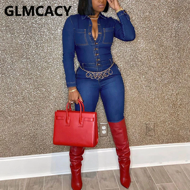 

Women Long Sleeve Slim Denim Jumpsuit Buttoned Casual Jeans Overalls