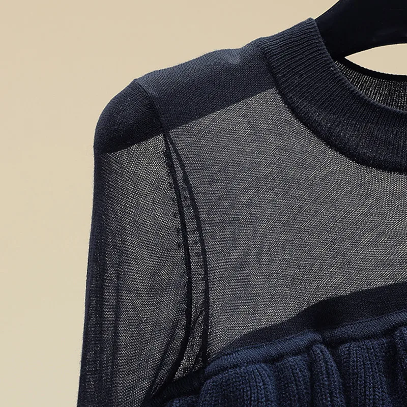 MUMUZI Mesh patchwork lazy wind pullover sweater female 2019 long sleeve new slim slimming ruffled bottoming shirts | Женская одежда