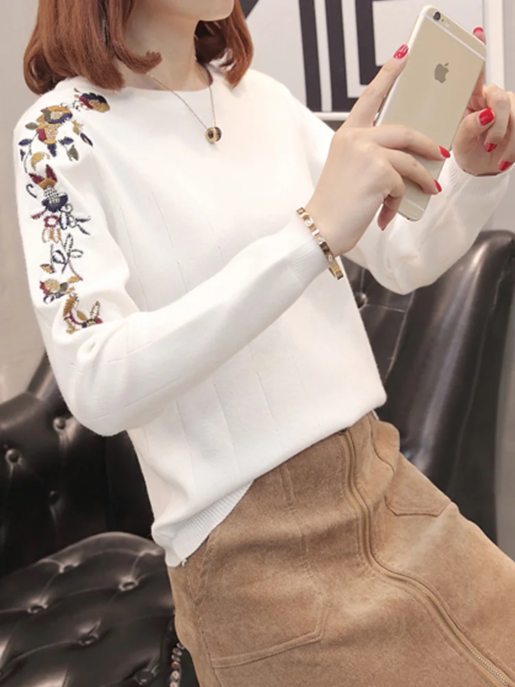 Осень 2020 новый стиль короткий вышитый свитер с длинными рукавами блузка джемпер |