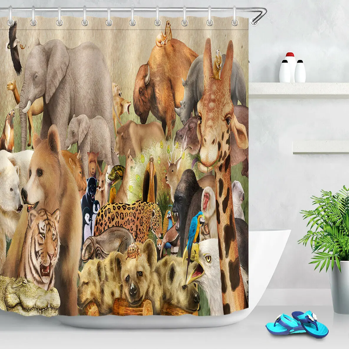 

African Grassland Funny Wild Animals Fabric Shower Curtain Set Bathroom w/ Hooks