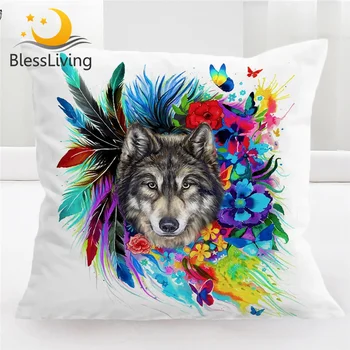 BlessLiving Boho Floral Wolf Pillow Covers Colorful Flowers Feathers Animal Decorative Throw Pillow Case 45x45cm Cushion Cover 1