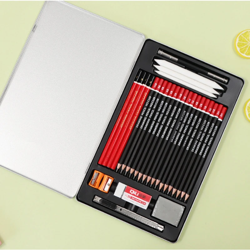30Pcs Sketch Painting Set With Iron Box Stuends Sketch Drawing Pencils Charcoal Earser Extender Utility Knife Stationery Set