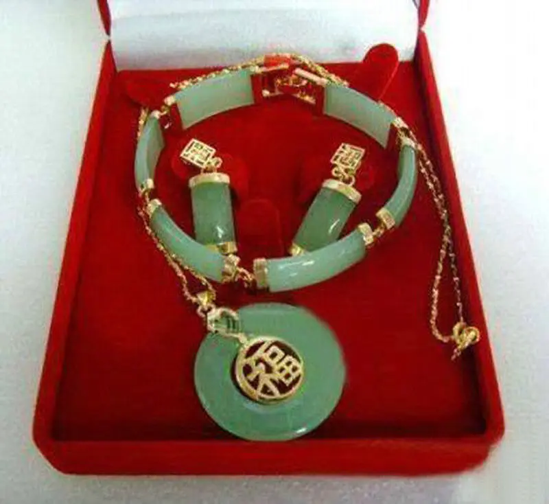 Комплект из кулона в виде пончика натурального зеленого жадеита|Ювелирные