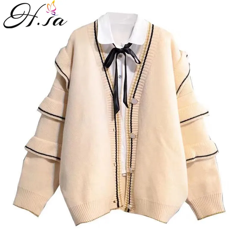 Женский однобортный Кардиган с оборками H.SA длинное пальто рукавами зима 2019 |