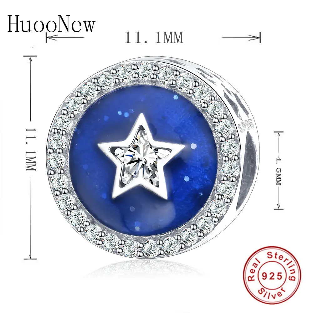 Blue Enamel Round Clear Zircon Star Beads Fit Original Pulseiras Charms Bracelet 925 Sterling Silver Jewelry Summer Gift | Украшения и