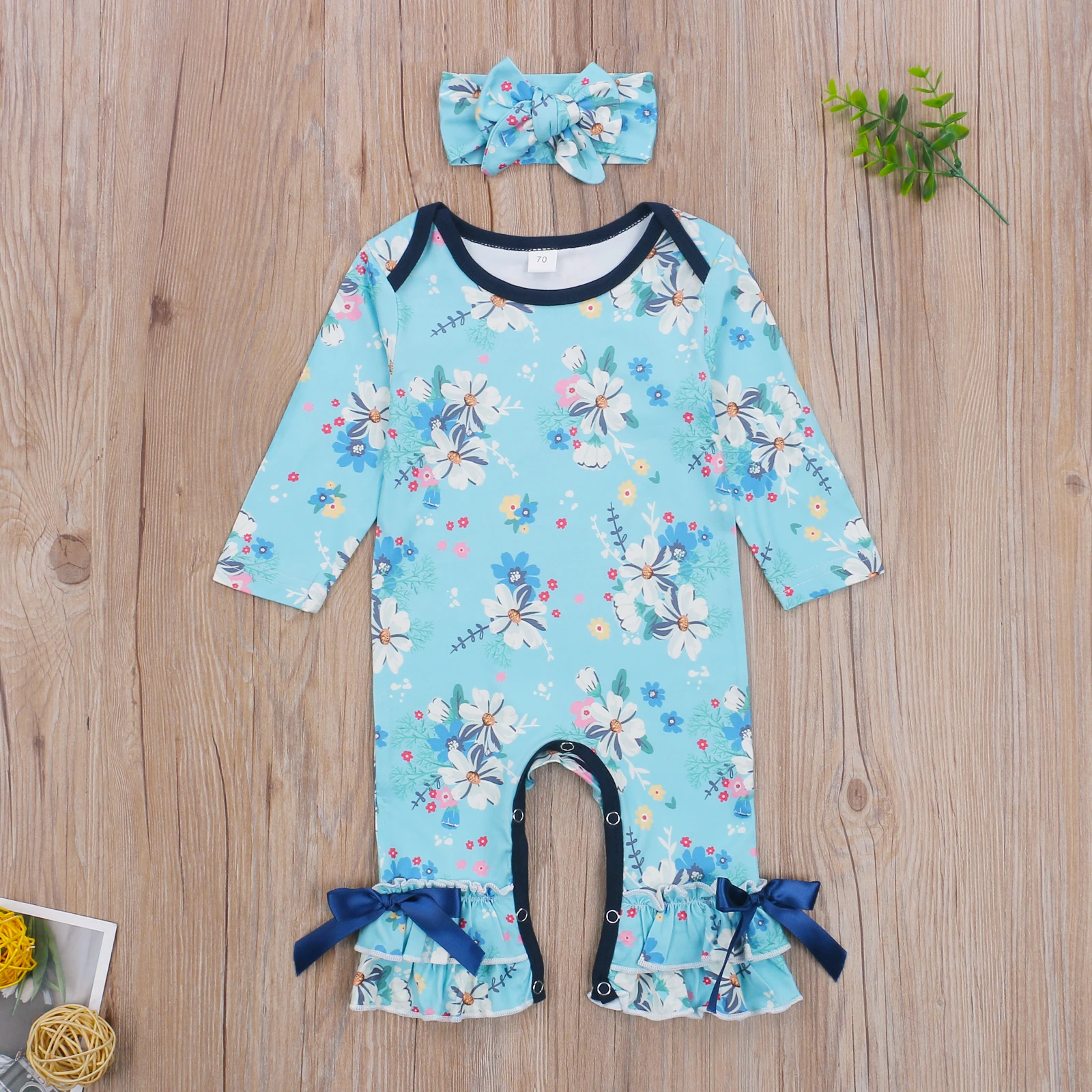 

2Pcs Newborn Baby Girls Boys Floral Print Romper Long Sleeve O Neck Romper Bow Headband Infant Toddler Ruffle Rompers 0-24M