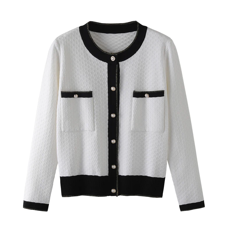 

style knitting cardigan women spring and autumn new contrast crew neck sweater coat jacquard long sleeve short top