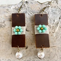 classic hot selling cowhide earrings flower imitation pearl pendant silk thread winding texture earrings for women jewelry