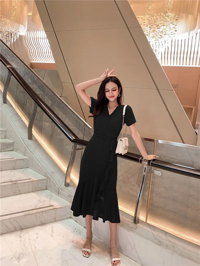 

Fishtail dress female summer short-sleeved straps waist long dress sweet silk blingbling bag hip dress
