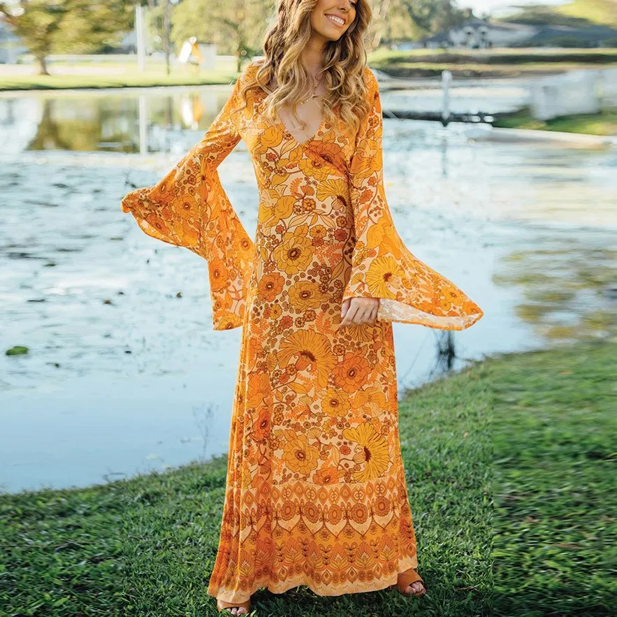 Элегантное женское платье винтажное макси с v образным вырезом длинные платья