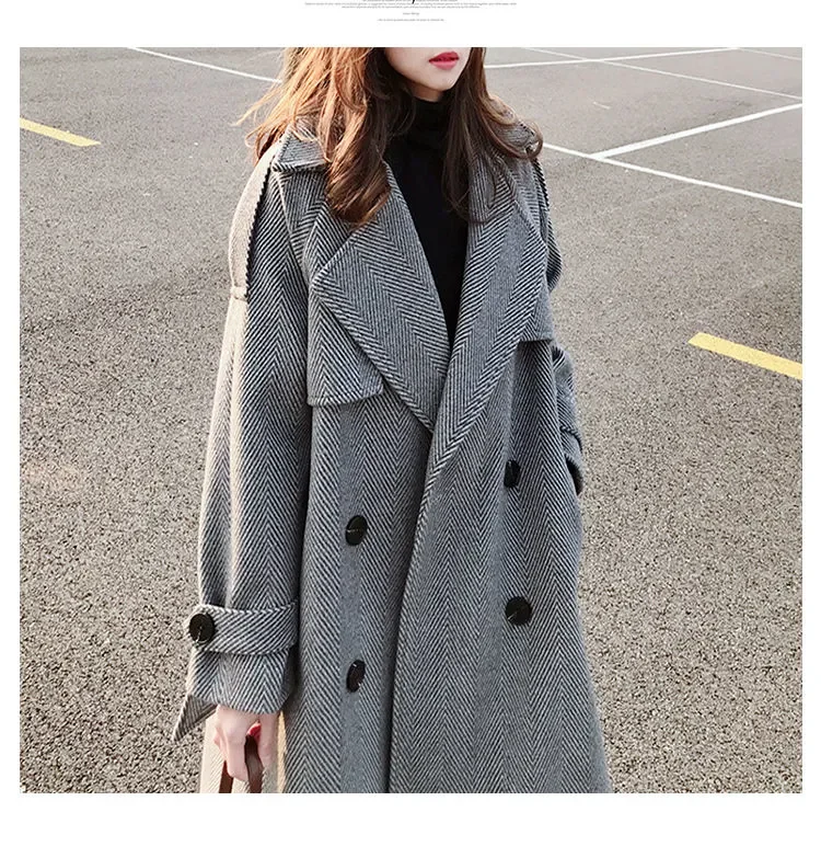 

Women Long Twill Woolen Coat Loose Oversize New Arrivals Waistband Overcoat