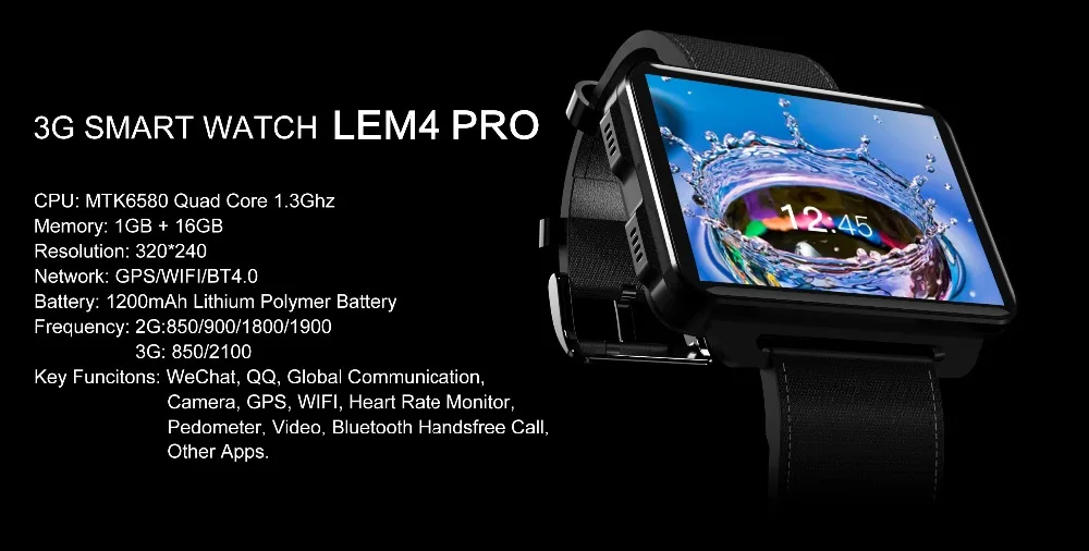 LEMFO LEM4 Pro 2,2 дюймов дисплей 3g Смарт-часы Android 5,1 1200 мАч литиевая батарея 1 Гб+ 16 Гб Wi-Fi взять видео сменный ремешок