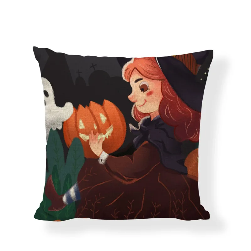 Хэллоуин Ева мультфильм ведьма Печать Голубая Подушка Набор Тыква