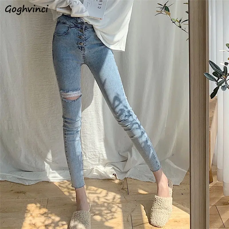 

Skinny Jeans Women Holes Vintage Ripped Casual Slim Womens Pencil Trousers Sexy BF High-Street All-match Fashion High Elasticity