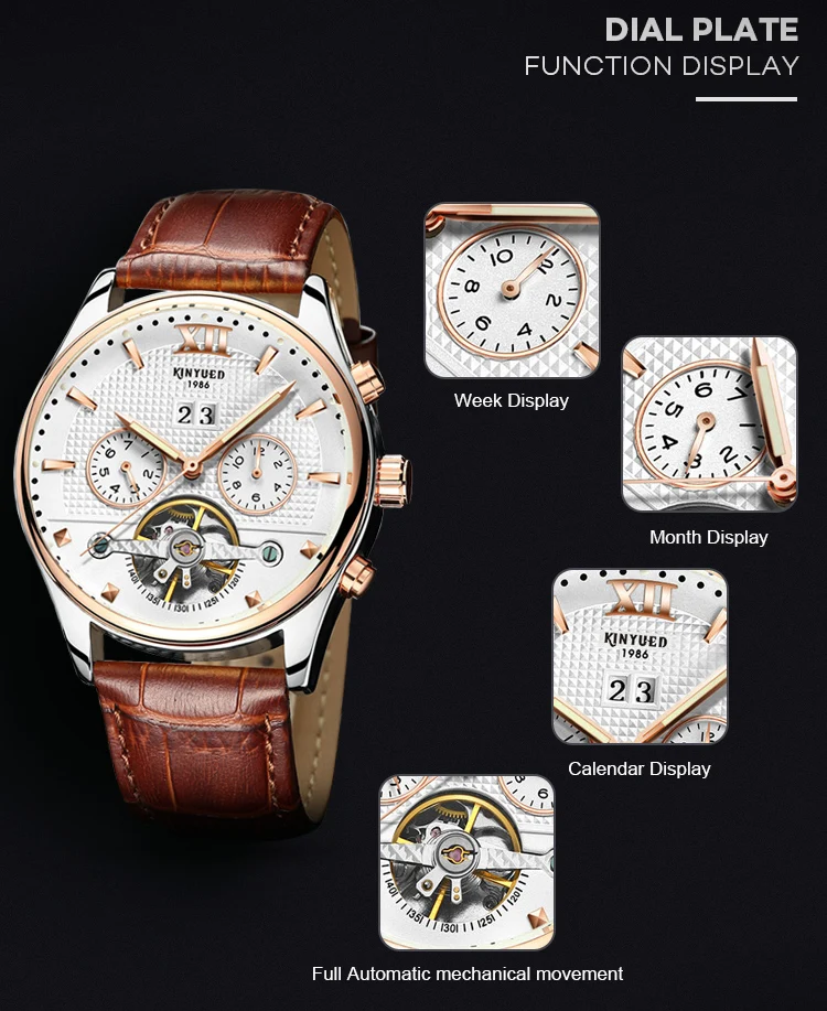 Новые KINYUED швейцарские автоматические Tourbillon механические часы многофункциональные водонепроницаемые светящиеся кожаные мужские автоматические часы