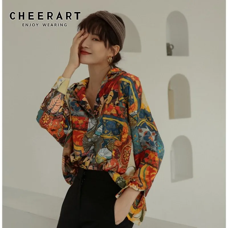 Винтажная блузка Cheerart с рисунком подсолнуха Свободный Топ цветочным длинным