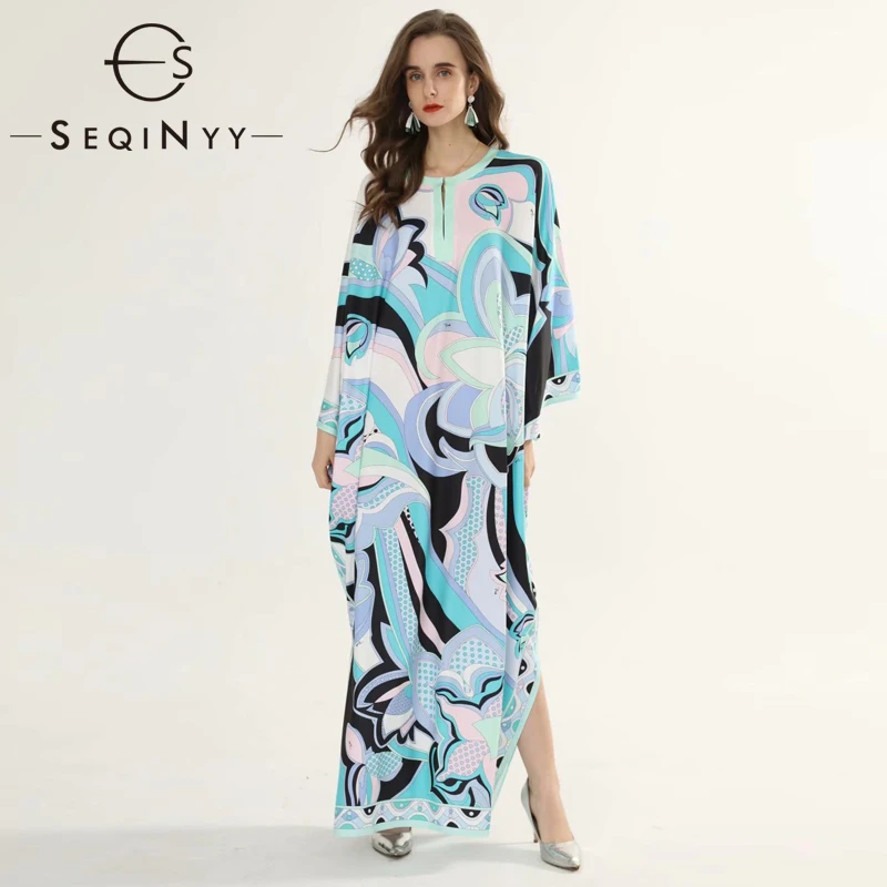 

Женское длинное свободное платье SEQINYY, светло-голубое платье с цветочным принтом в стиле бохо, весна-осень 2020
