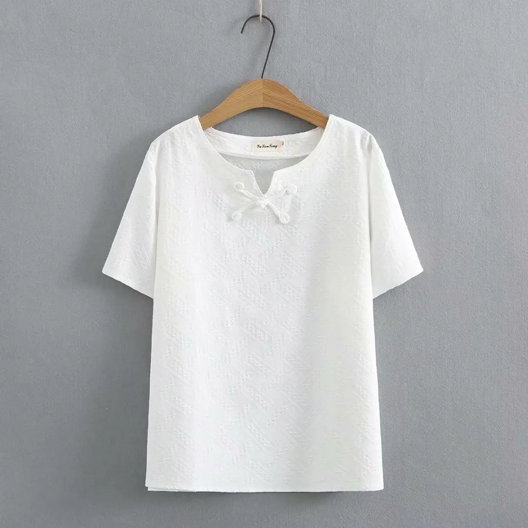 

Plus size Cotton jacquard disc button short sleeves women tshirts 2021 new summer V-Neck ladies t shirts female tops t-shirts